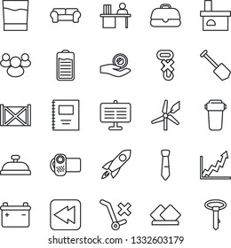 Thin Line Icon Set - job vector, fireplace, container, no trolley, hook, video camera, group, battery, rewind, copybook, presentation board, manager desk, tie, cushioned furniture, reception, drink