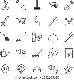 Thin Line Icon Set - job vector, garden fork, shovel, farm, rake, watering can, wheelbarrow, sproute, hoe, sickle, pumpkin, greenhouse, seeds, drip irrigation, fruit tree