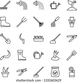 Thin Line Icon Set - job vector, flower in pot, garden fork, farm, rake, seedling, watering can, sproute, pruner, boot, hoe, sickle, fertilizer