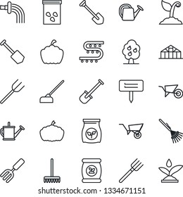 Thin Line Icon Set - job vector, garden fork, shovel, farm, rake, watering can, wheelbarrow, sproute, hoe, plant label, pumpkin, greenhouse, seeds, fertilizer, drip irrigation, fruit tree