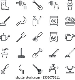 Thin Line Icon Set - job vector, flower in pot, garden fork, shovel, farm, rake, seedling, watering can, boot, hoe, sickle, sprayer, fertilizer, irrigation