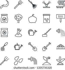 Thin Line Icon Set - job vector, garden fork, shovel, farm, rake, watering can, sproute, hoe, sickle, plant label, pumpkin, greenhouse, seeds, fertilizer, drip irrigation, fruit tree