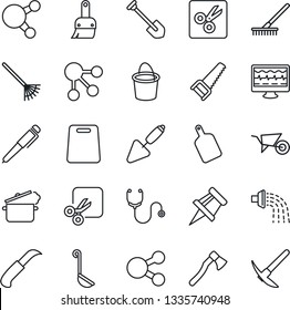 Thin Line Icon Set - job vector, trowel, rake, wheelbarrow, bucket, watering, saw, garden knife, axe, monitor pulse, stethoscope, share, themes, cut, drawing pin, pen, ladle, cutting board