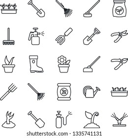 Thin Line Icon Set - job vector, flower in pot, garden fork, shovel, farm, rake, seedling, watering can, sproute, pruner, boot, hoe, sprayer, fertilizer, irrigation