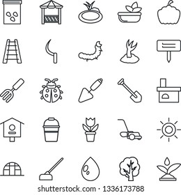 Thin Line Icon Set - job vector, flower in pot, trowel, garden fork, ladder, tree, bucket, sproute, lawn mower, lady bug, water drop, sun, hoe, sickle, plant label, pumpkin, fireplace, greenhouse