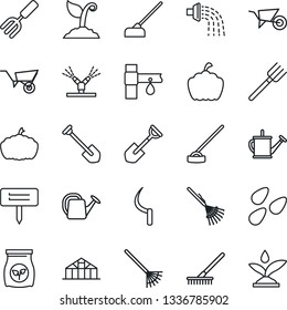 Thin Line Icon Set - job vector, garden fork, shovel, farm, rake, watering can, wheelbarrow, sproute, hoe, sickle, plant label, pumpkin, greenhouse, seeds, fertilizer, drip irrigation