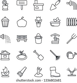 Thin Line Icon Set - job vector, flower in pot, trowel, farm fork, fence, rake, watering can, bucket, sproute, boot, saw, fire, house, well, plant label, bench, pumpkin, garden light, fireplace