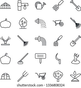 Thin Line Icon Set - job vector, garden fork, shovel, farm, rake, watering can, wheelbarrow, sproute, hoe, sickle, plant label, pumpkin, greenhouse, drip irrigation, fruit tree
