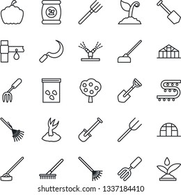 Thin Line Icon Set - job vector, garden fork, shovel, farm, rake, sproute, hoe, sickle, pumpkin, greenhouse, seeds, fertilizer, drip irrigation, fruit tree