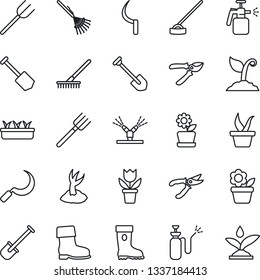 Thin Line Icon Set - job vector, flower in pot, shovel, farm fork, rake, seedling, sproute, pruner, boot, hoe, sickle, garden sprayer, irrigation