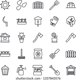 Thin Line Icon Set - job vector, flower in pot, garden fork, farm, fence, rake, tree, glove, house, seedling, sun, well, sickle, axe, light, greenhouse, seeds, bird, sprayer, fertilizer, alcove