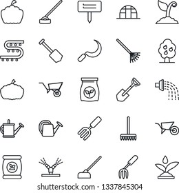 Thin Line Icon Set - job vector, garden fork, shovel, rake, watering can, wheelbarrow, sproute, hoe, sickle, plant label, pumpkin, greenhouse, fertilizer, drip irrigation, fruit tree