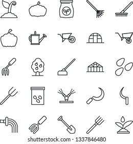 Thin Line Icon Set - job vector, garden fork, farm, rake, watering can, wheelbarrow, sproute, hoe, sickle, pumpkin, greenhouse, seeds, fertilizer, fruit tree, irrigation