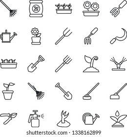 Thin Line Icon Set - job vector, garden fork, shovel, farm, rake, seedling, watering can, sproute, pruner, hoe, sickle, sprayer, fertilizer, flower in pot, irrigation