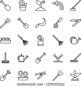 Thin Line Icon Set - job vector, flower in pot, garden fork, shovel, farm, rake, watering can, sproute, pruner, seedling, hoe, sickle, irrigation