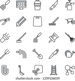 Thin Line Icon Set - job vector, pencil, garden fork, farm, rake, ladder, watering can, wheelbarrow, bucket, pruner, hoe, knife, sprayer, monitor pulse, torch, cut, drawing pin, paper clip, pen