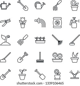 Thin Line Icon Set - job vector, flower in pot, garden fork, shovel, rake, seedling, watering can, sproute, pruner, hoe, sprayer, fertilizer, irrigation