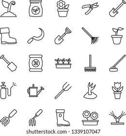 Thin Line Icon Set - job vector, flower in pot, garden fork, shovel, farm, rake, seedling, watering can, sproute, pruner, boot, hoe, sickle, sprayer, fertilizer, irrigation