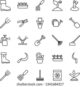 Thin Line Icon Set - job vector, flower in pot, garden fork, shovel, farm, rake, watering can, sproute, pruner, boot, seedling, hoe, sickle, sprayer, fertilizer, irrigation