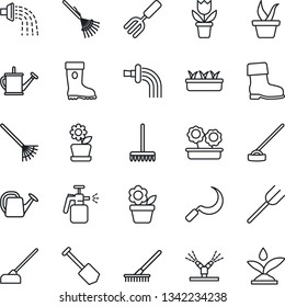 Thin Line Icon Set - job vector, flower in pot, garden fork, farm, rake, seedling, watering can, boot, hoe, sickle, sprayer, irrigation