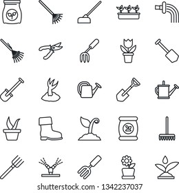 Thin Line Icon Set - job vector, flower in pot, garden fork, shovel, farm, rake, seedling, watering can, sproute, pruner, boot, hoe, fertilizer, irrigation