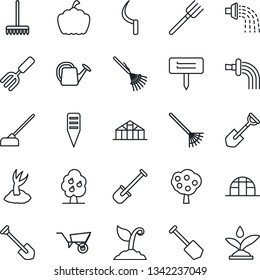 Thin Line Icon Set - job vector, garden fork, shovel, farm, rake, watering can, wheelbarrow, sproute, hoe, sickle, plant label, pumpkin, greenhouse, fruit tree, irrigation