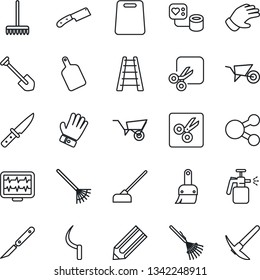 Thin Line Icon Set - job vector, pencil, rake, ladder, wheelbarrow, glove, hoe, sickle, garden sprayer, monitor pulse, blood pressure, scalpel, themes, cut, cutting board, knife, social media