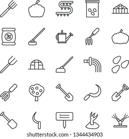 Thin Line Icon Set - job vector, garden fork, shovel, farm, watering can, sproute, hoe, sickle, plant label, pumpkin, greenhouse, seeds, fertilizer, drip irrigation, fruit tree