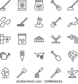 Thin Line Icon Set - job vector, garden fork, shovel, farm, rake, watering can, wheelbarrow, sproute, hoe, sickle, plant label, greenhouse, seeds, fertilizer, drip irrigation, fruit tree