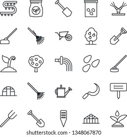 Thin Line Icon Set - job vector, shovel, farm fork, rake, watering can, wheelbarrow, sproute, hoe, sickle, plant label, greenhouse, seeds, fertilizer, drip irrigation, fruit tree