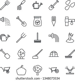 Thin Line Icon Set - job vector, garden fork, shovel, farm, rake, watering can, wheelbarrow, sproute, hoe, plant label, pumpkin, greenhouse, seeds, fertilizer, drip irrigation, fruit tree