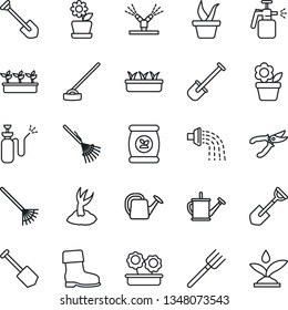 Thin Line Icon Set - job vector, flower in pot, shovel, farm fork, rake, seedling, watering can, sproute, pruner, boot, hoe, garden sprayer, fertilizer, irrigation