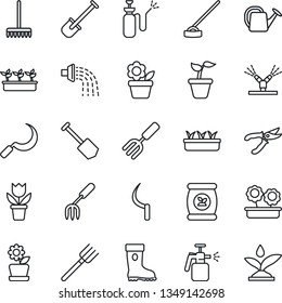 Thin Line Icon Set - job vector, flower in pot, garden fork, shovel, farm, rake, seedling, watering can, pruner, boot, hoe, sickle, sprayer, fertilizer, irrigation