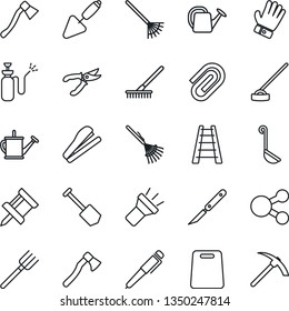 Thin Line Icon Set - job vector, trowel, farm fork, rake, ladder, watering can, pruner, glove, hoe, axe, garden sprayer, scalpel, torch, drawing pin, paper clip, pen, stapler, ladle, cutting board