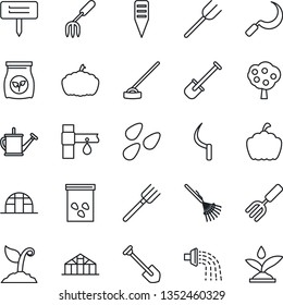 Thin Line Icon Set - job vector, garden fork, shovel, farm, rake, watering can, sproute, hoe, sickle, plant label, pumpkin, greenhouse, seeds, fertilizer, drip irrigation, fruit tree