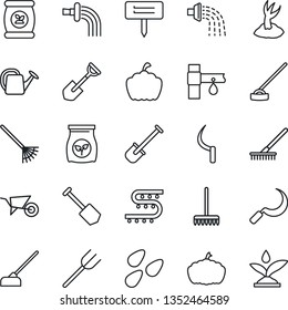 Thin Line Icon Set - job vector, shovel, farm fork, rake, watering can, wheelbarrow, sproute, hoe, sickle, plant label, pumpkin, seeds, fertilizer, drip irrigation