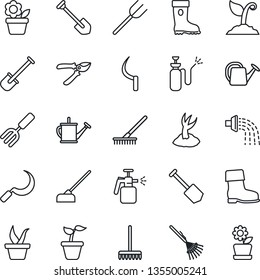 Thin Line Icon Set - job vector, flower in pot, garden fork, shovel, farm, rake, seedling, watering can, sproute, pruner, boot, hoe, sickle, sprayer