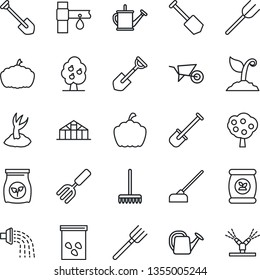 Thin Line Icon Set - job vector, garden fork, shovel, farm, rake, watering can, wheelbarrow, sproute, hoe, pumpkin, greenhouse, seeds, fertilizer, drip irrigation, fruit tree