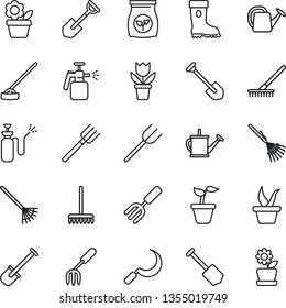 Thin Line Icon Set - job vector, flower in pot, garden fork, shovel, farm, rake, seedling, watering can, boot, hoe, sickle, sprayer, fertilizer