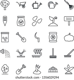 Thin Line Icon Set - job vector, shovel, rake, watering can, wheelbarrow, sproute, sickle, plant label, pumpkin, greenhouse, seeds, fertilizer, drip irrigation, fruit tree