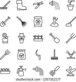 Thin Line Icon Set - job vector, flower in pot, garden fork, shovel, farm, rake, seedling, watering, sproute, pruner, boot, hoe, sickle, sprayer, fertilizer, irrigation