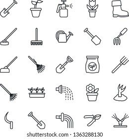 Thin Line Icon Set - job vector, flower in pot, garden fork, shovel, farm, rake, seedling, watering can, sproute, pruner, boot, hoe, sickle, sprayer, fertilizer, irrigation