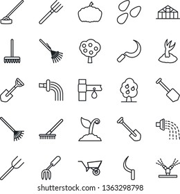 Thin Line Icon Set - job vector, garden fork, shovel, farm, rake, wheelbarrow, watering, sproute, hoe, sickle, pumpkin, greenhouse, seeds, drip irrigation, fruit tree