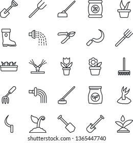 Thin Line Icon Set - job vector, flower in pot, garden fork, shovel, farm, rake, seedling, watering, sproute, pruner, boot, hoe, sickle, fertilizer, irrigation