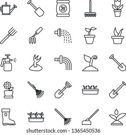 Thin Line Icon Set - job vector, flower in pot, garden fork, shovel, farm, rake, seedling, watering can, sproute, boot, hoe, sprayer, fertilizer, irrigation