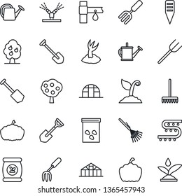Thin Line Icon Set - job vector, garden fork, shovel, farm, rake, watering can, sproute, plant label, pumpkin, greenhouse, seeds, fertilizer, drip irrigation, fruit tree