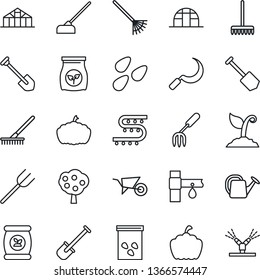 Thin Line Icon Set - job vector, garden fork, shovel, farm, rake, watering can, wheelbarrow, sproute, hoe, sickle, pumpkin, greenhouse, seeds, fertilizer, drip irrigation, fruit tree