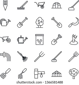 Thin Line Icon Set - job vector, garden fork, shovel, farm, rake, watering can, wheelbarrow, sproute, hoe, sickle, plant label, greenhouse, seeds, drip irrigation, fruit tree