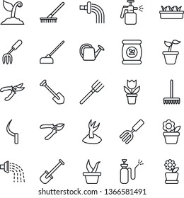 Thin Line Icon Set - job vector, flower in pot, garden fork, shovel, farm, rake, seedling, watering can, sproute, pruner, hoe, sickle, sprayer, fertilizer