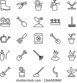Thin Line Icon Set - job vector, flower in pot, garden fork, shovel, rake, seedling, watering can, sproute, pruner, boot, hoe, sickle, sprayer, fertilizer, irrigation
